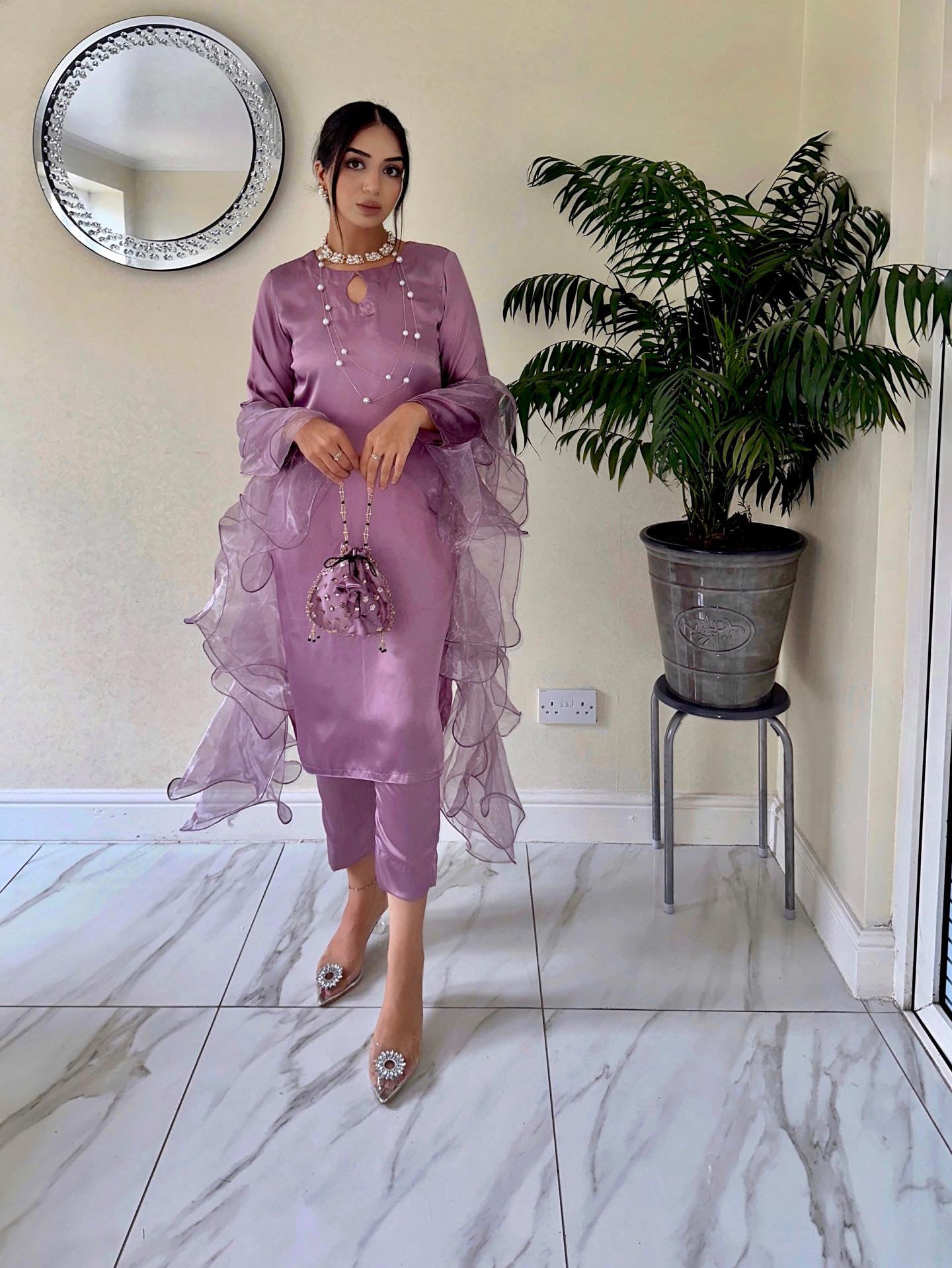 Satin Co Ord with Ruffle Dupatta | Lilac