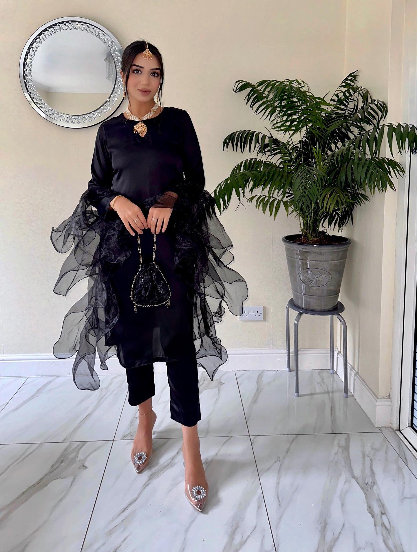 Satin Co Ord with Ruffle Dupatta | Black