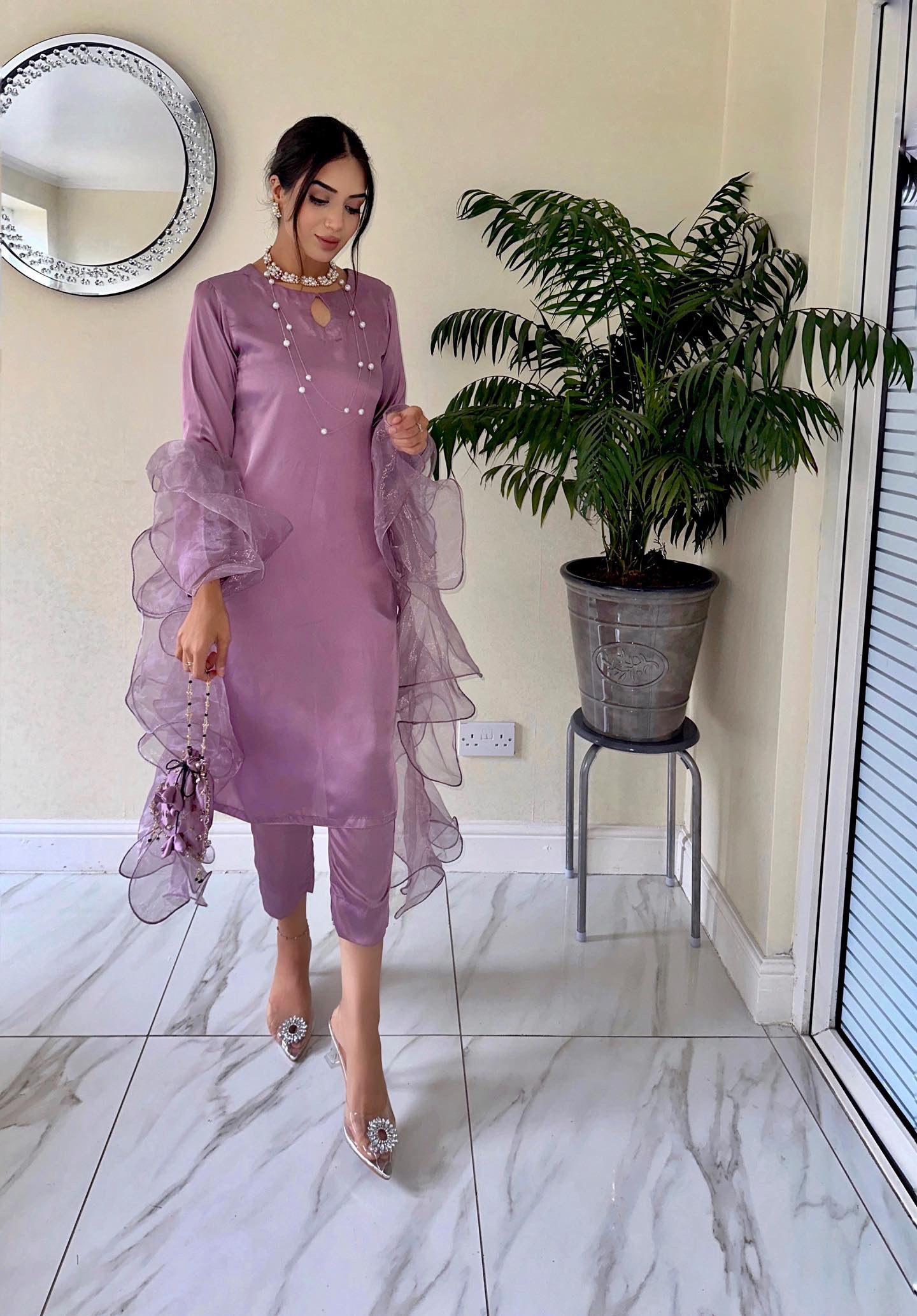 Satin Co Ord with Ruffle Dupatta | Lilac