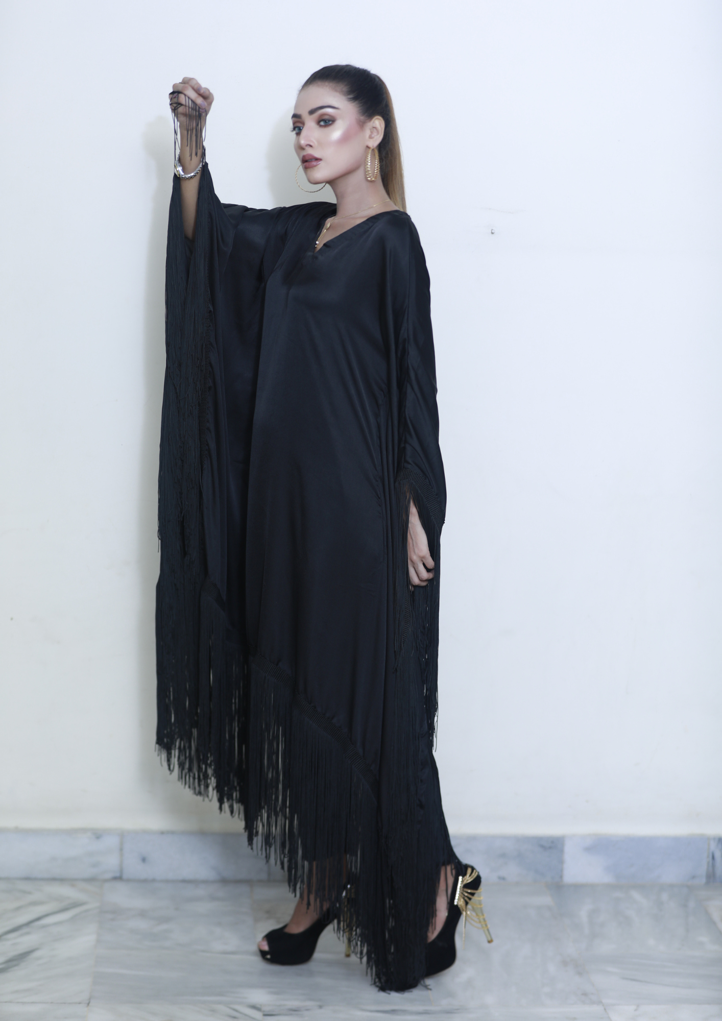 Silk Fringe Kaftan with Trouser | BLACK