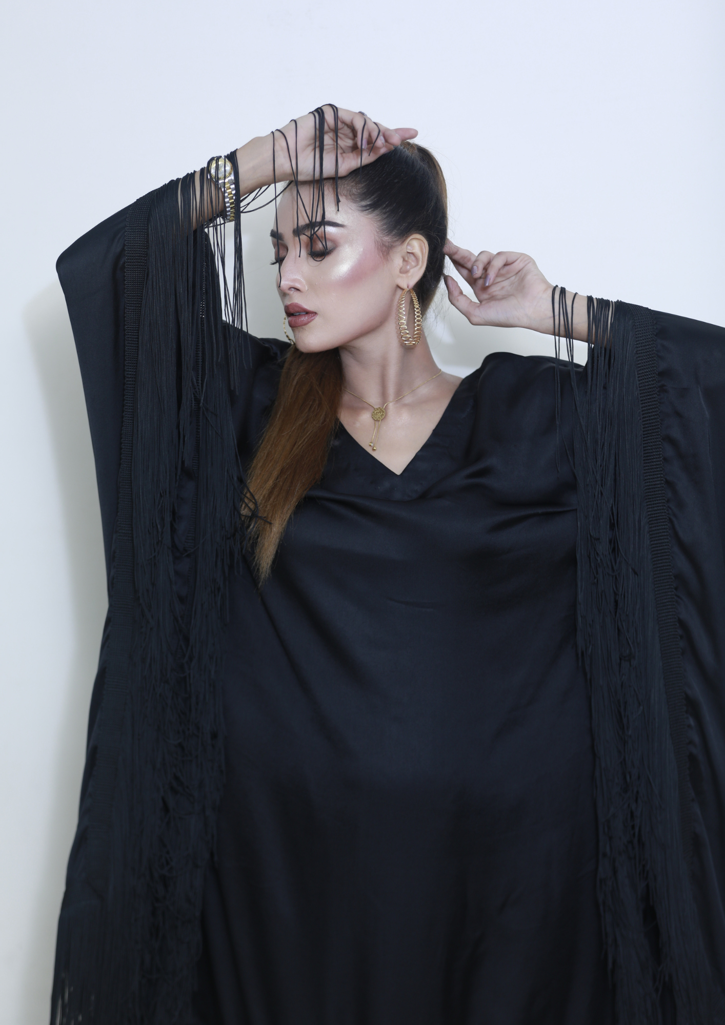 Silk Fringe Kaftan with Trouser | BLACK