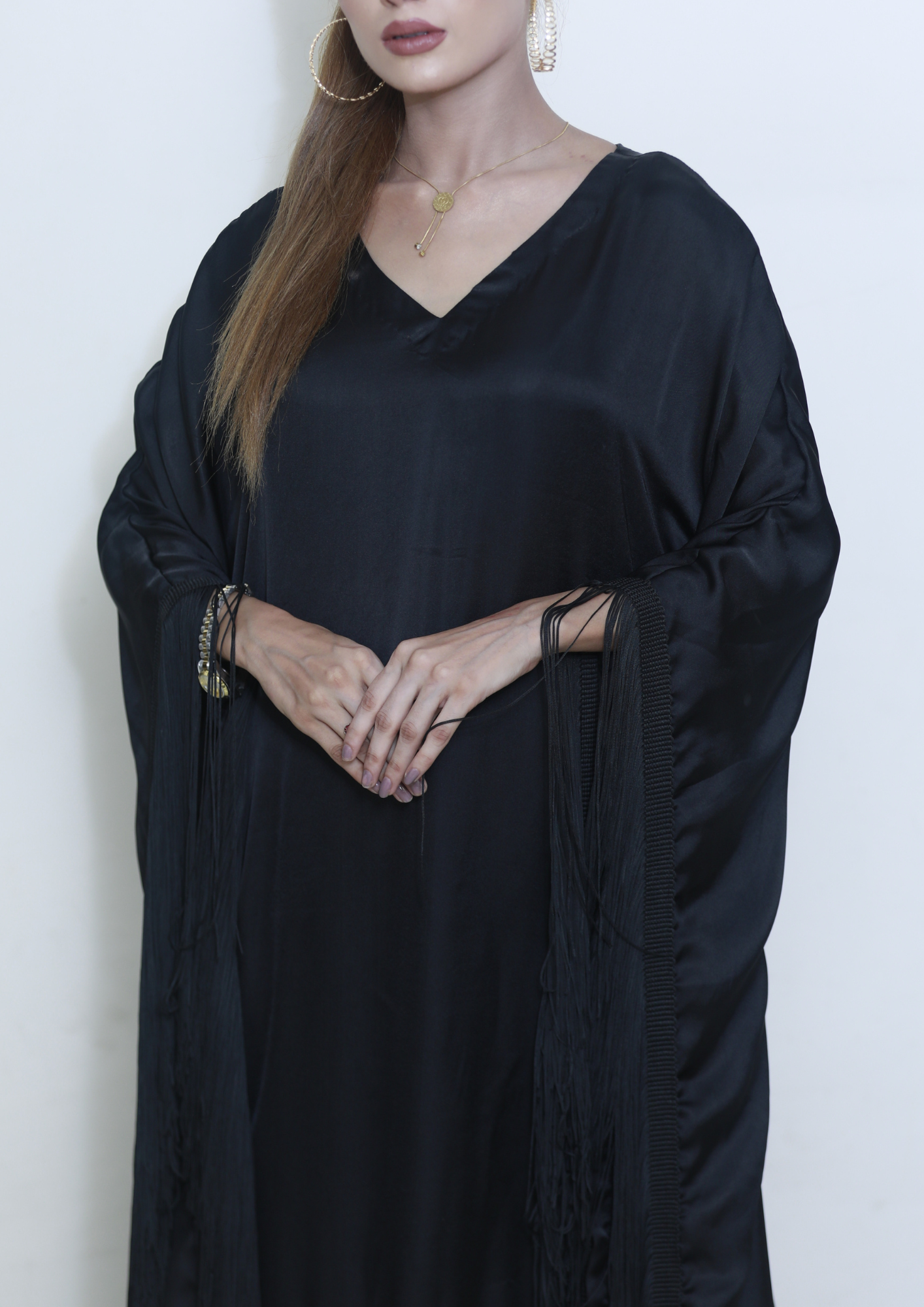 Silk Fringe Kaftan with Trouser | BLACK