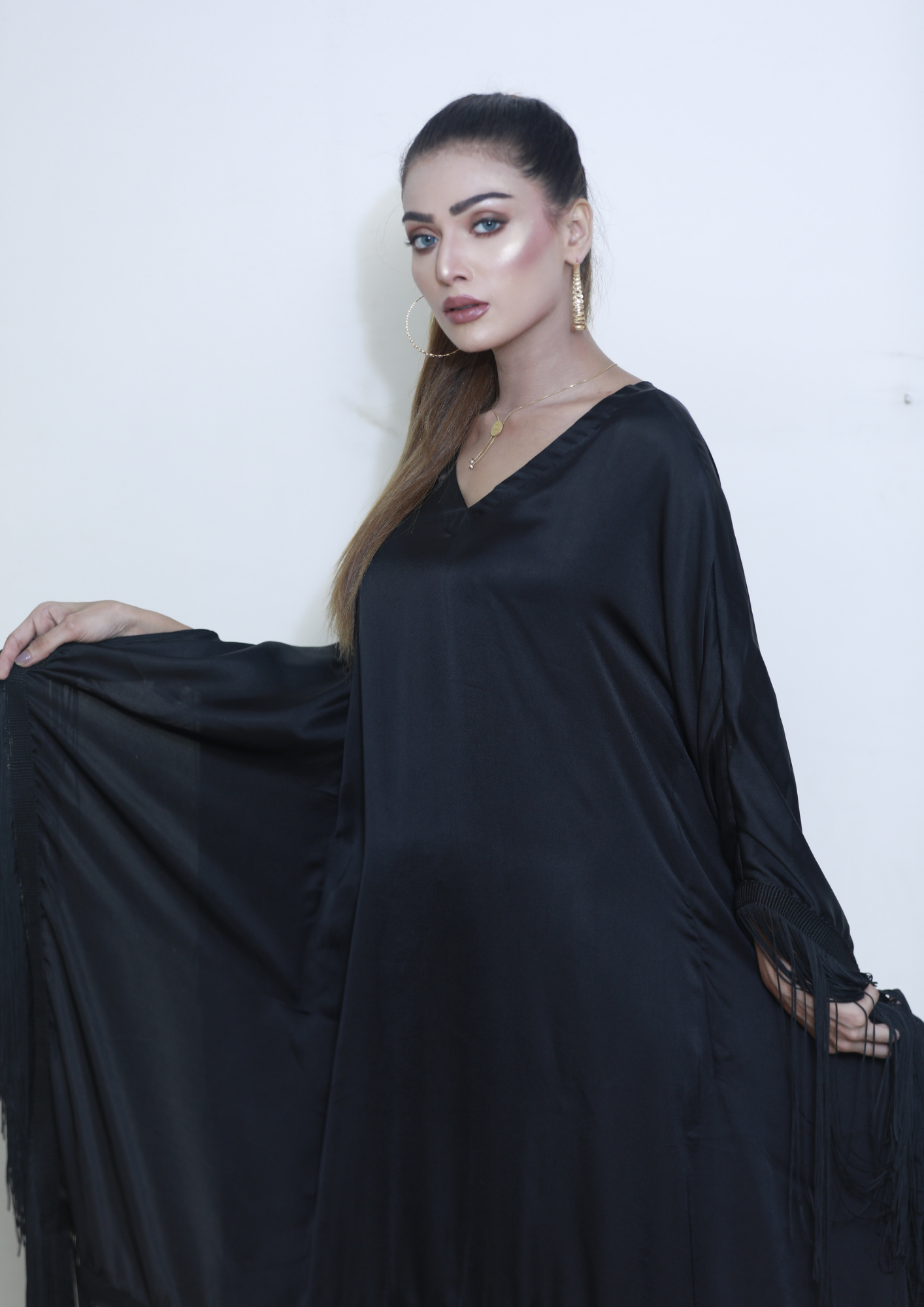 Silk Fringe Kaftan with Trouser | BLACK