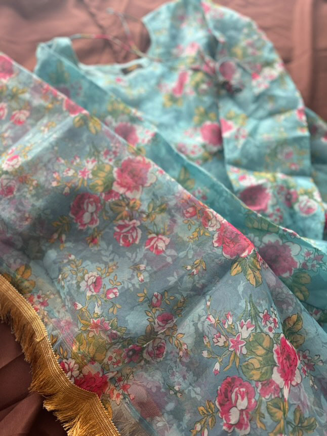 Gulbagh | Turquoise Floral Organza 3PC