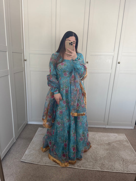 Gulbagh | Turquoise Floral Organza 3PC