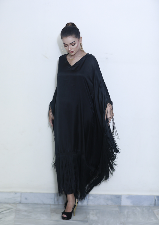 Silk Fringe Kaftan with Trouser | BLACK
